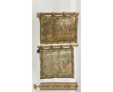 Two tapestry wall hangings with pine poles and a tapestry bell pull, largest 85 x 64cm.