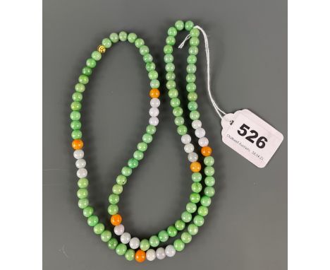 A single strand necklace of mixed colour jade beads, bead size 7.5mm. Necklace L. 80cm.