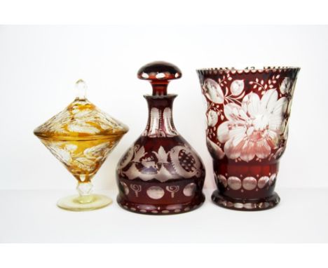 Three Bohemian cut glass items, vase H. 18cm. Overall condition good, very minor chip to decanter rim.