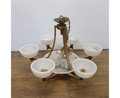 An alabaster and gilt metal six branch chandelier, 78 cm wide