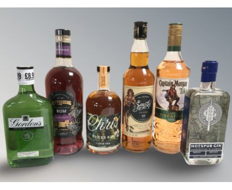 Six various bottles of alcohol including Captain Morgan, Hotspur gin, Gordons gin, etc.
