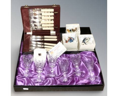 A boxed set of six Edinburgh International crystal wine glasses, height 13.5 cm, a cased six place setting of fish cutlery, a