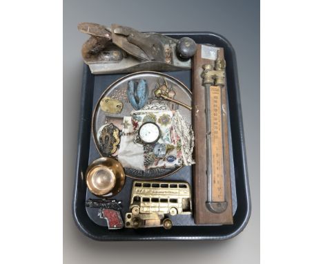 A No. 4 woodworking plane, Junghans pocket watch, Lone Star die cast pistol, brass bus, other metal wares, etc.