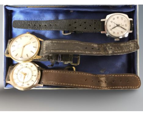 A gent's vintage Ingersoll Triumph wristwatch, case 33 mm, a further gold plated Oris Super wristwatch, and another calendar 