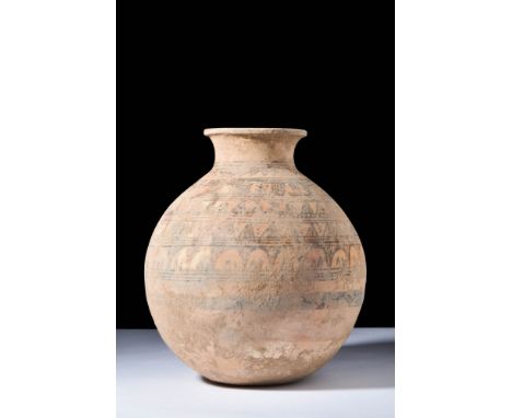 Ca. 2500 BC.A large vessel formed from terracotta, exhibits a distinctive form characterised by a flat base, a bulbous main b