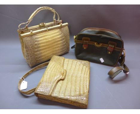 Two vintage 1950s leather blonde crocodile handbags, one having snap fastening hardware, together with a 80's Pierre Cardin h