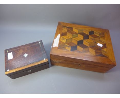 A late 19th/early 20th century mahogany tea caddy with parquetry inlaid lid. L.31cm, together with one other box