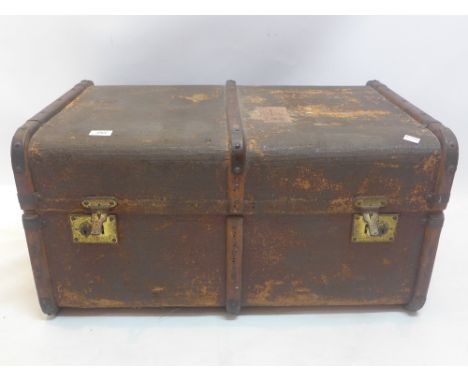 A Vintage brown painted trunk, wood bound with brass hardware, L.77cm