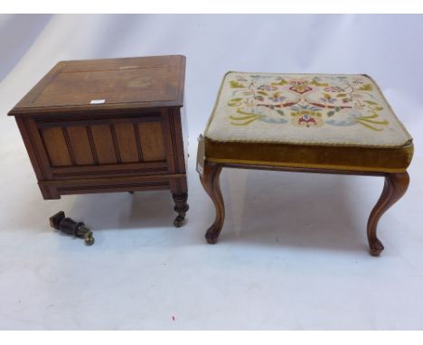 A Victorian walnut footstool with tapestry upholstery, raised on cabriole legs together with a Victorian mahogany commode