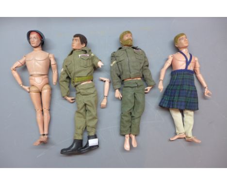 A collection of vintage action man figures, weapon accessories and outfits