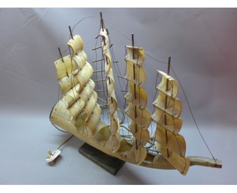 A horn five sail ship lamp, L 58cm