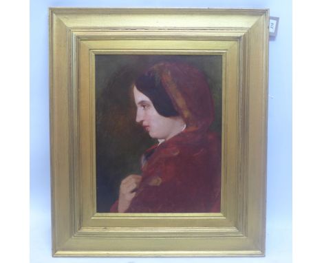 An early 20th century Continental School, portrait study of a female wearing, dressed in red cape, oil on board, 51x39cm