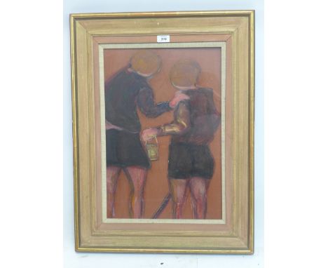 An oil on board depicting two children playing on a beach, 54cm x 36cm