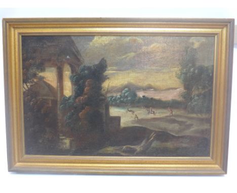 A late 18th / early 19th century Continental oil on canvas, depicting hunting scene with architectural ruins in the foregroun