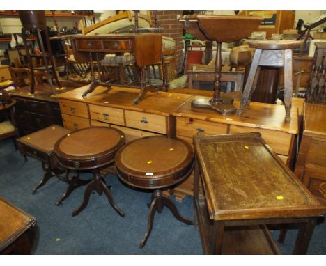 THREE OCCASIONAL LEATHER TOPPED TABLES, SMALL SOFA TABLE, STOOL, CARD TABLE/TROLLEY AND DROPLEAF TABLE (7)