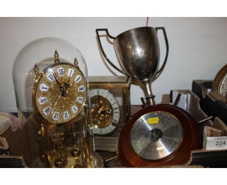 TWO MODERN MANTLE CLOCKS, A SILVER PLATED TROPHY AND A BAROMETER (4)