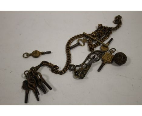 A VINTAGE ALBERT CHAIN TOGETHER WITH A QUANTITY OF POCKET WATCH KEYS