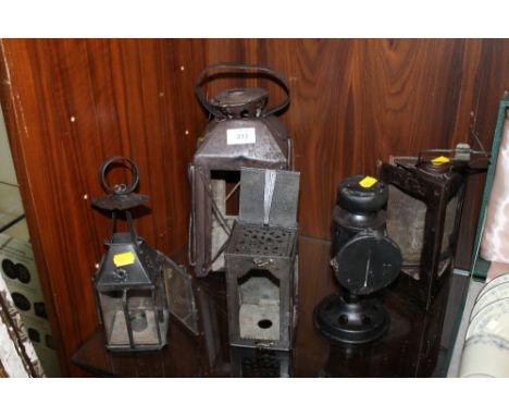 A SELECTION OF VINTAGE SPOT LAMPS AND LANTERNS A/F