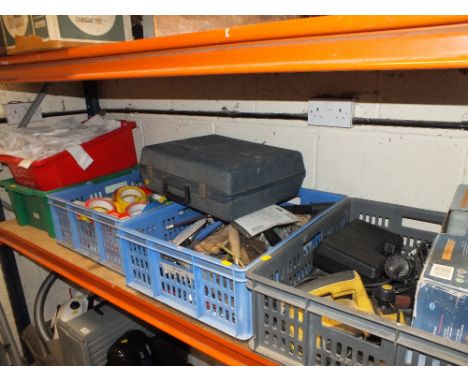 FIVE TRAYS OF TOOLS, TAPE, BAGS ETC