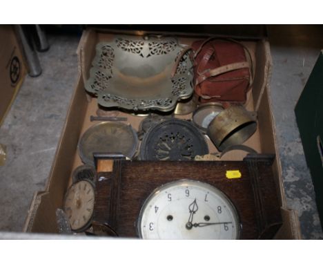 A TRAY OF VINTAGE CLOCK PARTS, CAMERA, ETC
