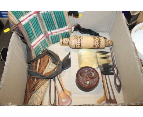 AN AUSTRALIAN ABORIGINAL CARVED MESSAGE STICK, NEW ZEALAND MAORI WOODEN BOX, COLLECTION OF CONES ETC