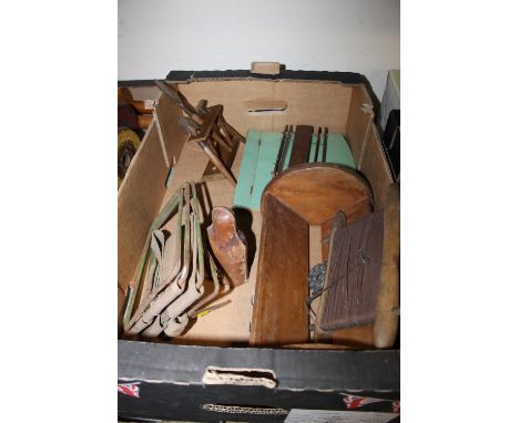 A BOX OF VINTAGE TREEN ETC TO INCLUDE FISHING AND CRAB LINES ETC