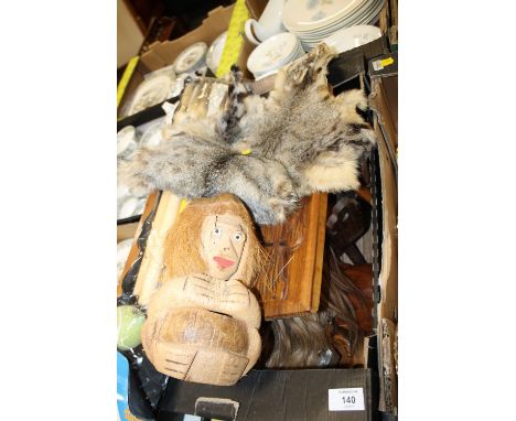 A TRAY OF VINTAGE TREEN ETC TO INCLUDE VINTAGE CRICKET BAT