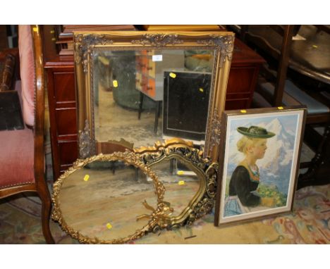 THREE VINTAGE GILT FRAMED MIRRORS TOGETHER WITH A PRINT
