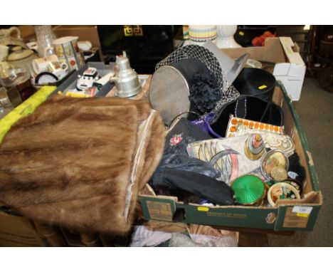 A BOX OF VINTAGE BAGS AND ACCESSORIES TO INCLUDE TOP HATS, COMPACTS ETC TOGETHER WITH TWO VINTAGE FUR COATS