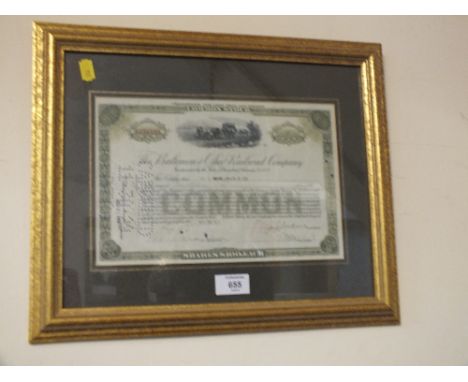 A FRAMED BALTIMORE OHIO RAILWAY COMPANY SHARE CERTIFICATE