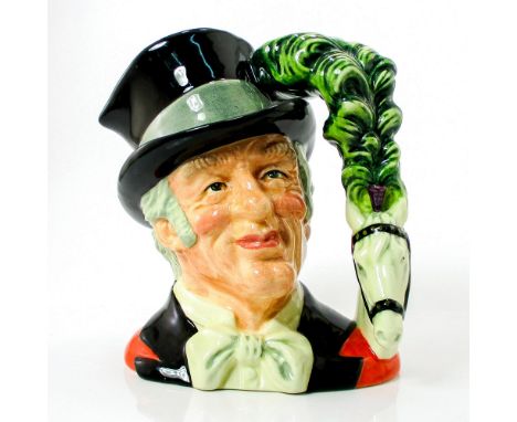 Black top hat with a light blue ribbon; red jacket; black lapel; green plume atop horses head.Series: The Circus Performers. 