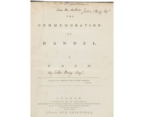 [Ring, John] The Commemoration of Handel, a Poem, 1st edition, for T. Cadell, J. Walter and T. Booker, 1786,  , 41 pp., final