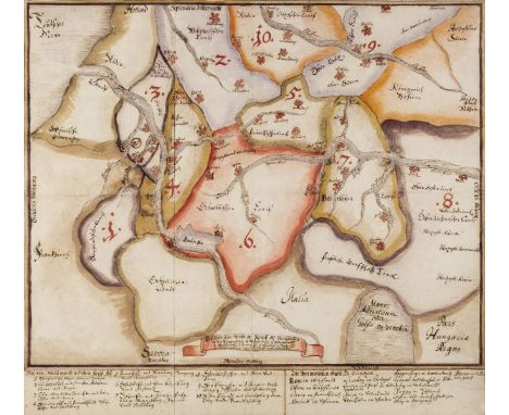 *Holy Roman Empire. Manuscript map, circa 1680,  pen and watercolour on thick paper on two conjoined sheets, old folds streng