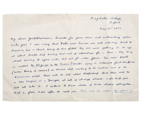 *Lewis (Clive Staples, 1898-1963 ). Autograph letter signed, 'C.S. Lewis', Magdalen College, Oxford, 22 May 1952,  to 'Grittl