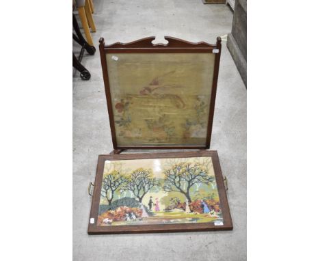 A mahogany fire screen and oak tray with Helen Bradley type themed woolwork panel