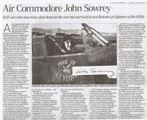 Air Cdre John Sowrey DFC AFC Signature and Obituary of Hurricane ace in the Desert war and post war test pilot who flew the H