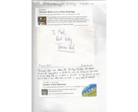 Doctor Who autographs. Page containing the autographs of Tom Baker, Jean Marsh and Terrence Dicks. Good condition. All signed