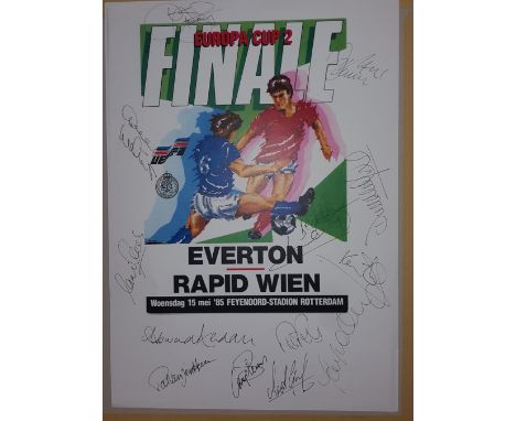 Everton players signed print. Paper print copy of the front of an Everton v Rapid Vienna programme for the 1985 European Cup 