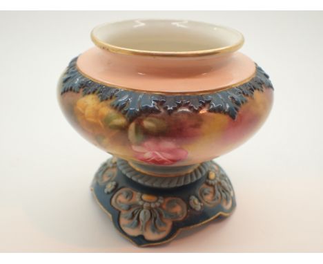 Royal Worcester small four Hadleys footed roses vase H: 9 cm