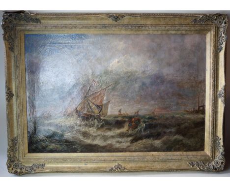 British School (19th Century) - 'Seascape featuring sailboats and a rowing boat in choppy waters'Oil on canvas, approx 50x75c