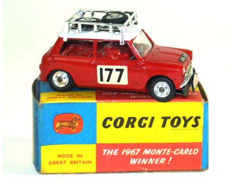 A boxed Corgi no. 339 BMC Mini Cooper S 'Rallye Monte Carlo'Red body and interior, white roof with chrome roof rack and 2x sp