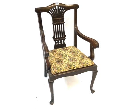 A good quality Edwardian carved oak open sided armchairFeaturing an ornate architectural splat back and acanthus carved top r