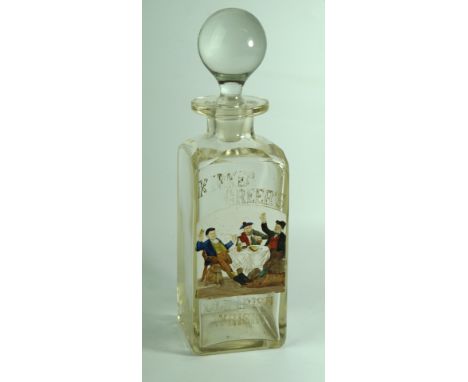 An early 20th Century advertising Kirker Greer'sOld Irish whiskey decanter having enamelled decoration depicting three gentle