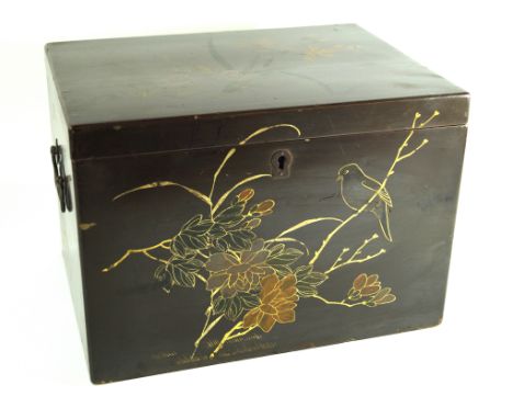 A late Victorian lacquered tea chestOf tall square form, having hand-painted and gilt decoration of birds and foliate with gi