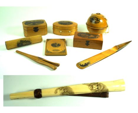 Eight pieces of assorted Mauchline ware Comprising an oval cotton holder, with a view of Edinburgh castle from Princess stree