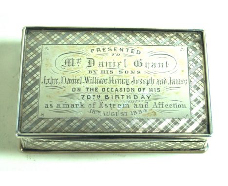 An early Victorian hallmarked silver snuff box by Francis ClarkBeing of rectangular form with hinged lid, baring central pres