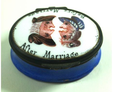A Bilston enamel patch box of oval form, circa 1800Depicting a lady and gentleman facing each other smiling with "before marr