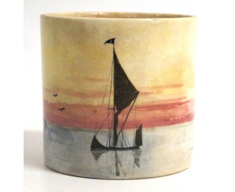 George Frederick Watts RA (1817-1904)- 'Sail Boats at Dusk'Hand painted ceramic pot, being of cylindrical form, signed by the