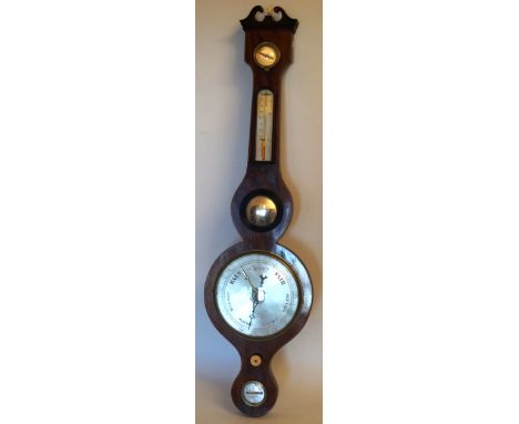 A mahogany framed banjo barometer, early 19th CenturyMahogany framed case with swan neck pediment, ivory finial, dry and damp