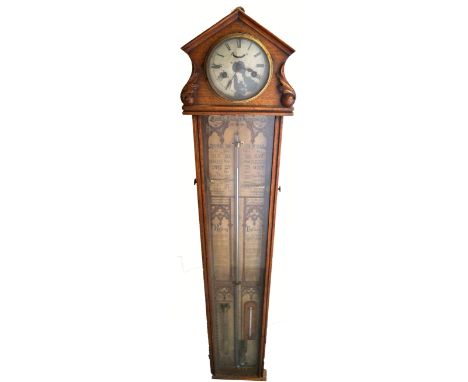 An Admiral Fitzroy barometer, mid to late 19th CenturyThe oak cased barometer with inset wall clock, brass glazed door to rev
